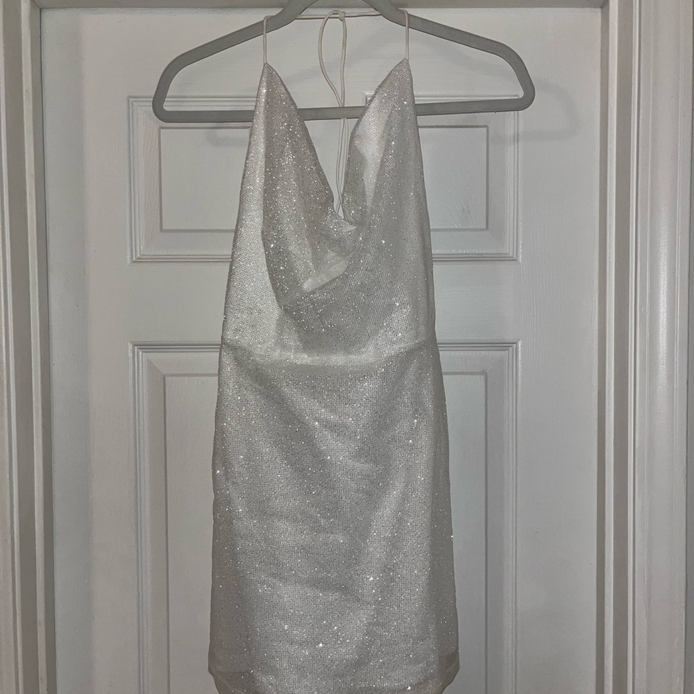 Hello Molly open back cowl neck sparkle dress. Tie neck. Size Large